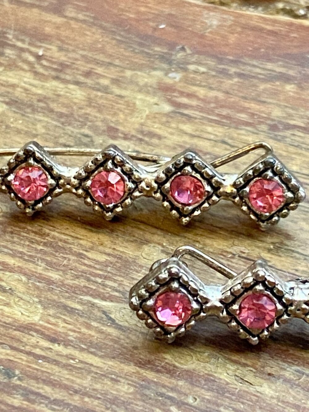 Pair Vintage 90s Art Deco Bar Barrettes Silver Pink Rhinestone Y2K Coquette